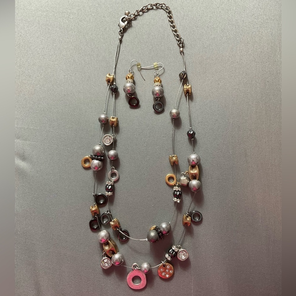 Silver Gold Multi Strand Wire Necklace Earring Set